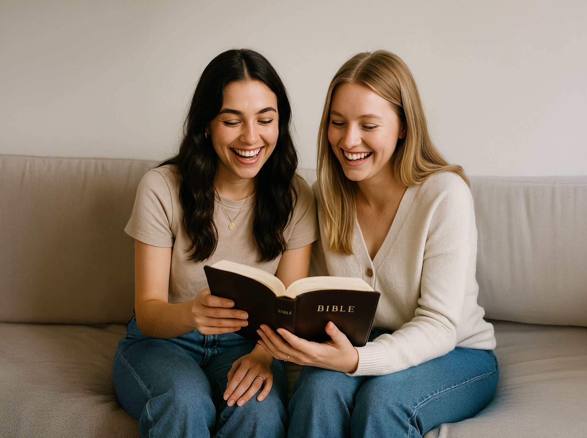 Two women sitting together, joyfully reading a Bible. Their expressions convey excitement and engagement with the text, highlighting a moment of shared spirituality.